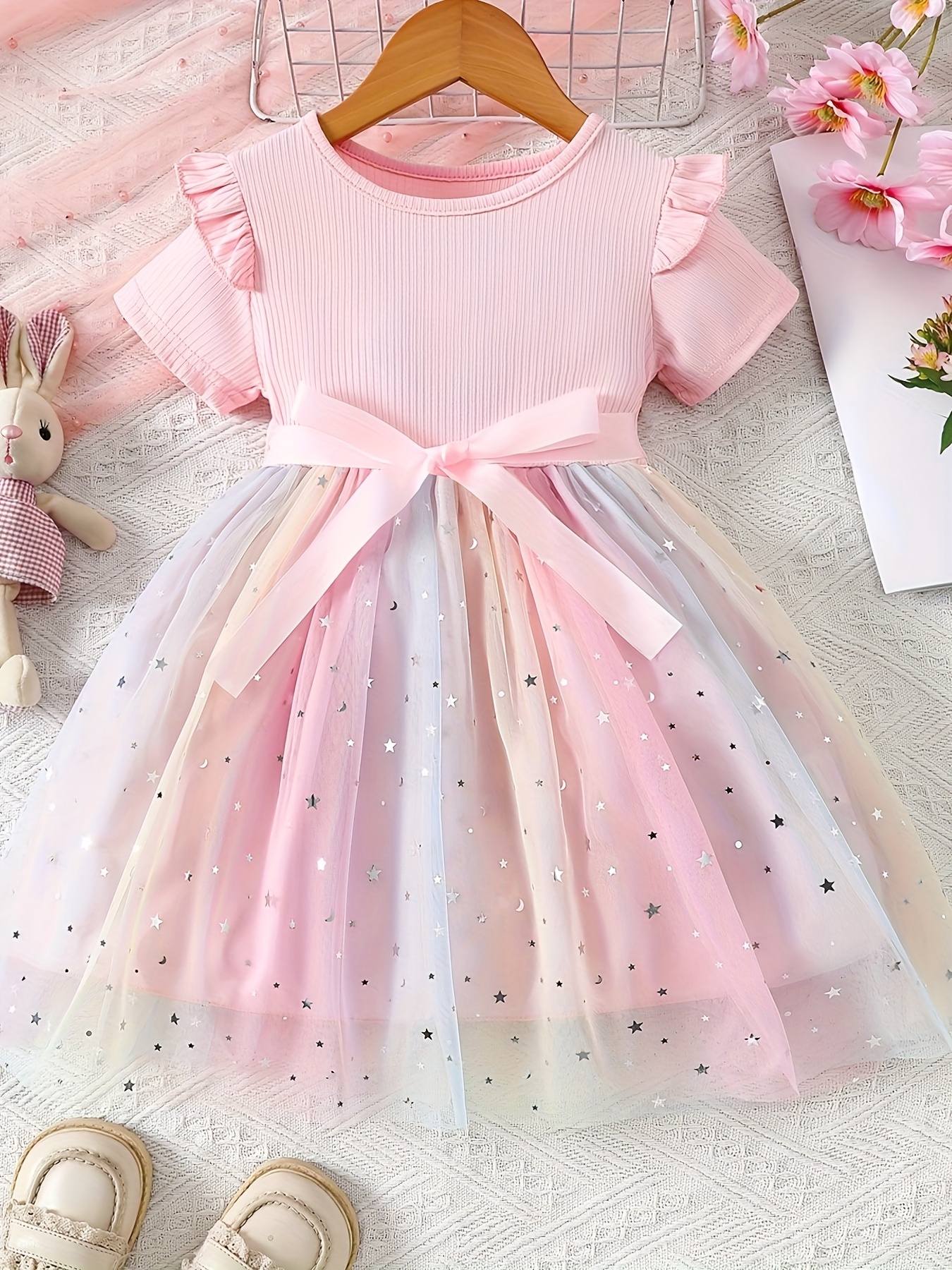 girls' 180g soft polyester dress - pastel gradient fairy tale castle print  with princesses & hearts, lightweight summer outfit for casual play & theme  park - kids' fashion - Temu
