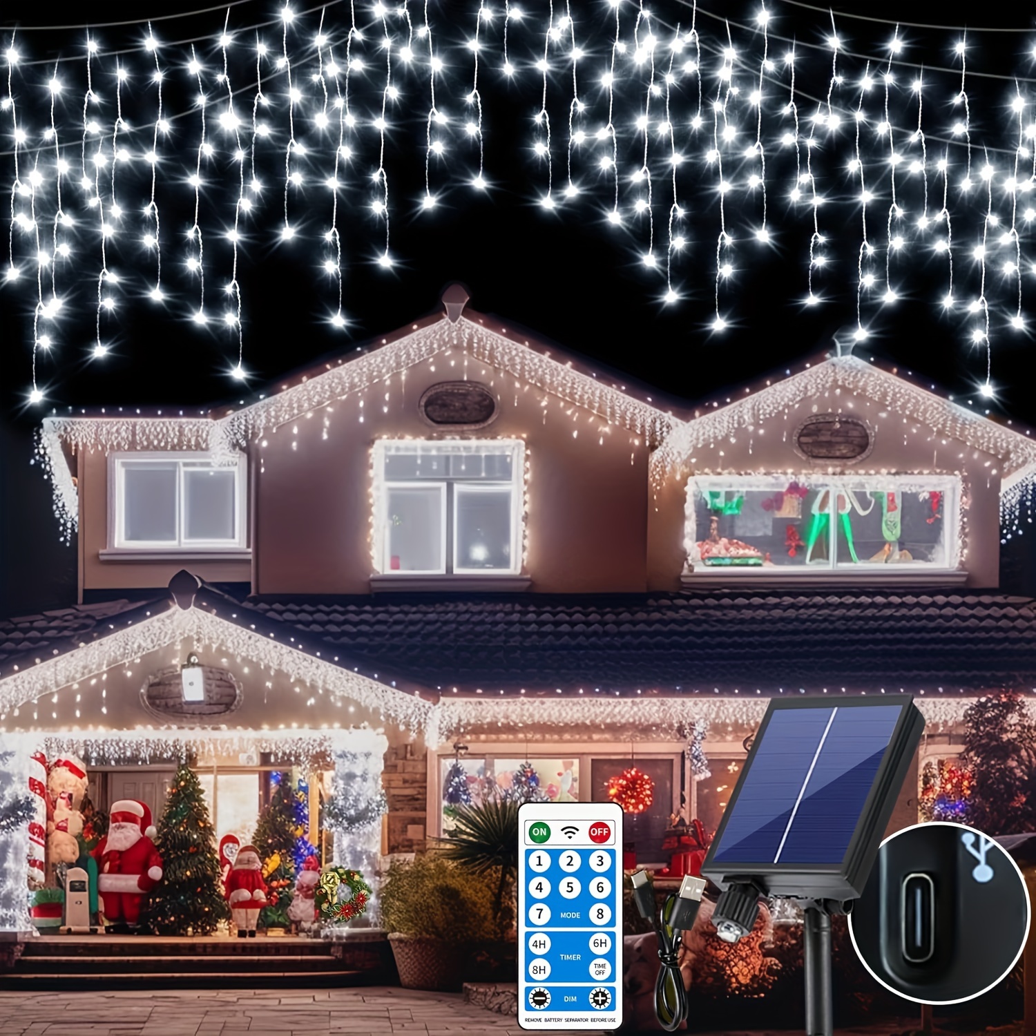 

76ft 600led Solar Icicle Lights Outdoor Decorations Connectable Christmas Fairy String Lights Usb Rechargeable 8 Modes Timmer Remote Twinkle Lights For Xmas House Roof Party Wedding