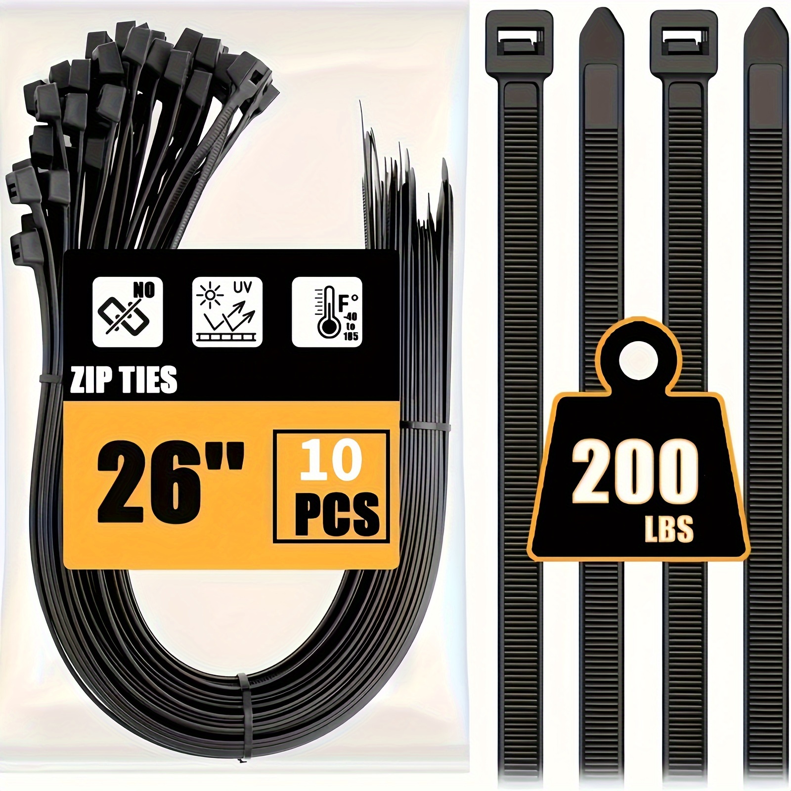 Image of 10-pack Heavy-duty Nylon Zip Ties - 26 Inch, Scratch & Abrasion Resistant, Temperature Proof With 200 Lb Tensile Strength For And Industrial Use