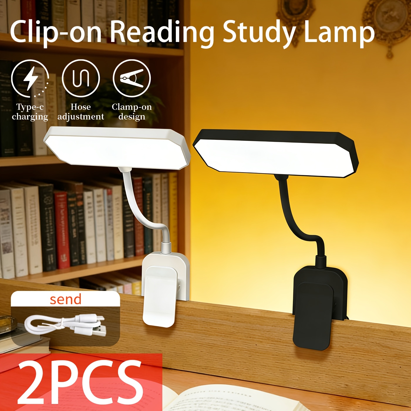 TEMU Horizontal Clip-on Reading Light, Eye-protecting Led Book Light, 360° Rotatable, 3 Brightness Levels, Type-c Charging, Suitable For Dormitory,