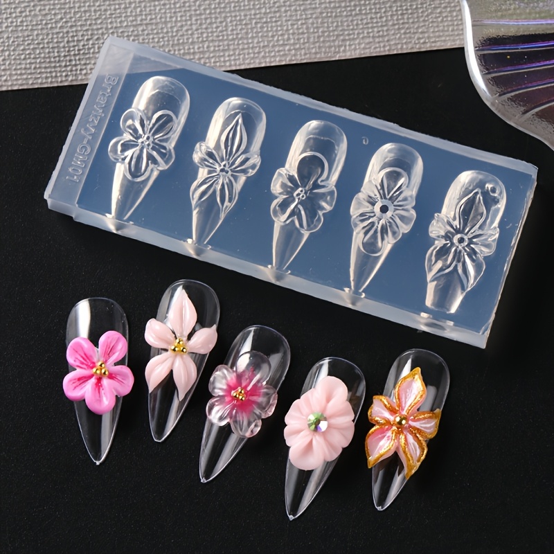 Image of Spring Summer Floral Nail Art Molds Elegant Lily Flower Nail Charms Templates 3d Carved & Jelly Flower Petals Gel Polish Stencil Tools