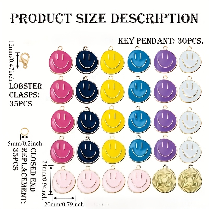 TEMU Colorful Face Keychain Additions, Additions Include Faces 30pcs, Lobster Clasps 35pcs, Closed Rings 35pcs. Suitable For Craft Keychains, Fashion
