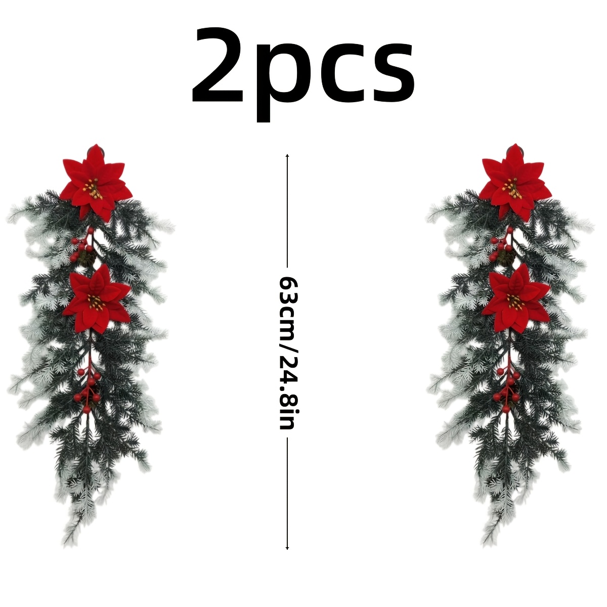 TEMU 2pcs Set Large Christmas Snowflake Pine Wall Decor, Simulated Red Rose, Red Berries, Pinecones And Snow-covered Pine Needles Combination, Long