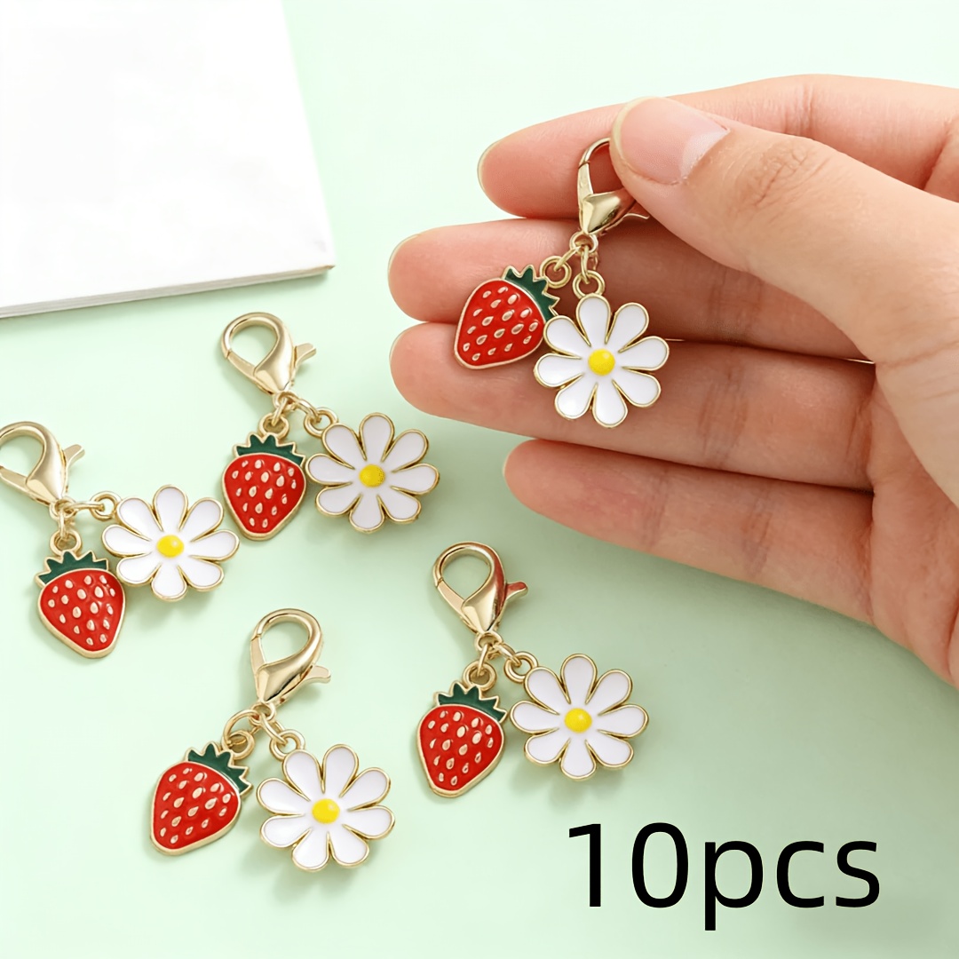TEMU Lot de 10 pendentifs en alliage à émail dégoulinant motif fruit fraise fleur marguerite pour bricolage, porte-clés, sac, chaussure, chapeau,