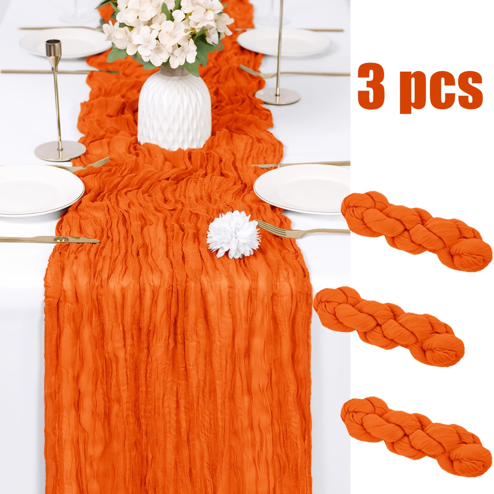 TEMU 3pcs Orange Cheesecloth Table Runner Set, 90 X 300cm Semi-transparent Bohemian Gauze Cheesecloth Fabric Tablecloth For Wedding Party, Baby
