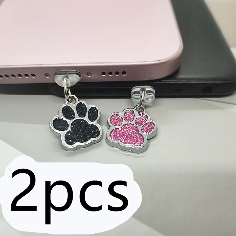 

2pcs Cat Paw Phone Charms, Glitter Scratch Dust Plug Pendants, Metal Mobile Accessory