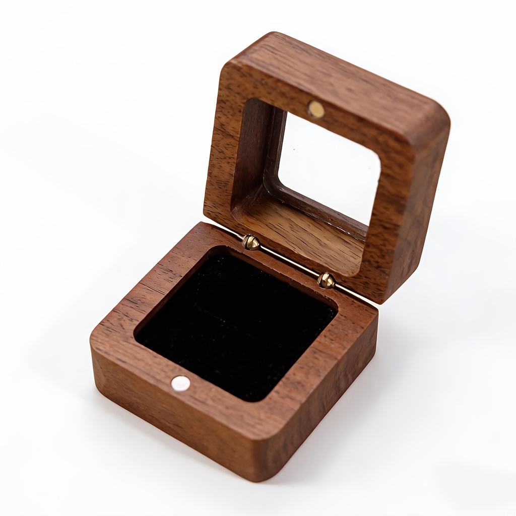 Image of A Small Square Transparent Acrylic Ring Box For Proposal, Featuring A Vintage Wooden Storage Box For Wedding Rings For Women