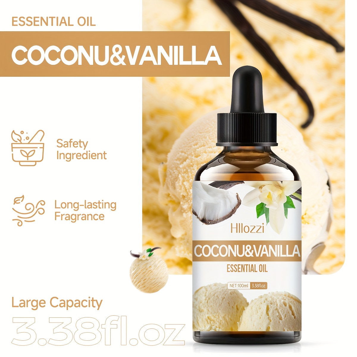 Huile Essentielle de Noix de Coco et Vanille, Adaptée pour le Massage du Visage et du Corps, Diffuseur de Douche, Voiture, Fabrication de Bougies DIY et Savonnerie, Parfum Durable, Hydratant sans Alcool