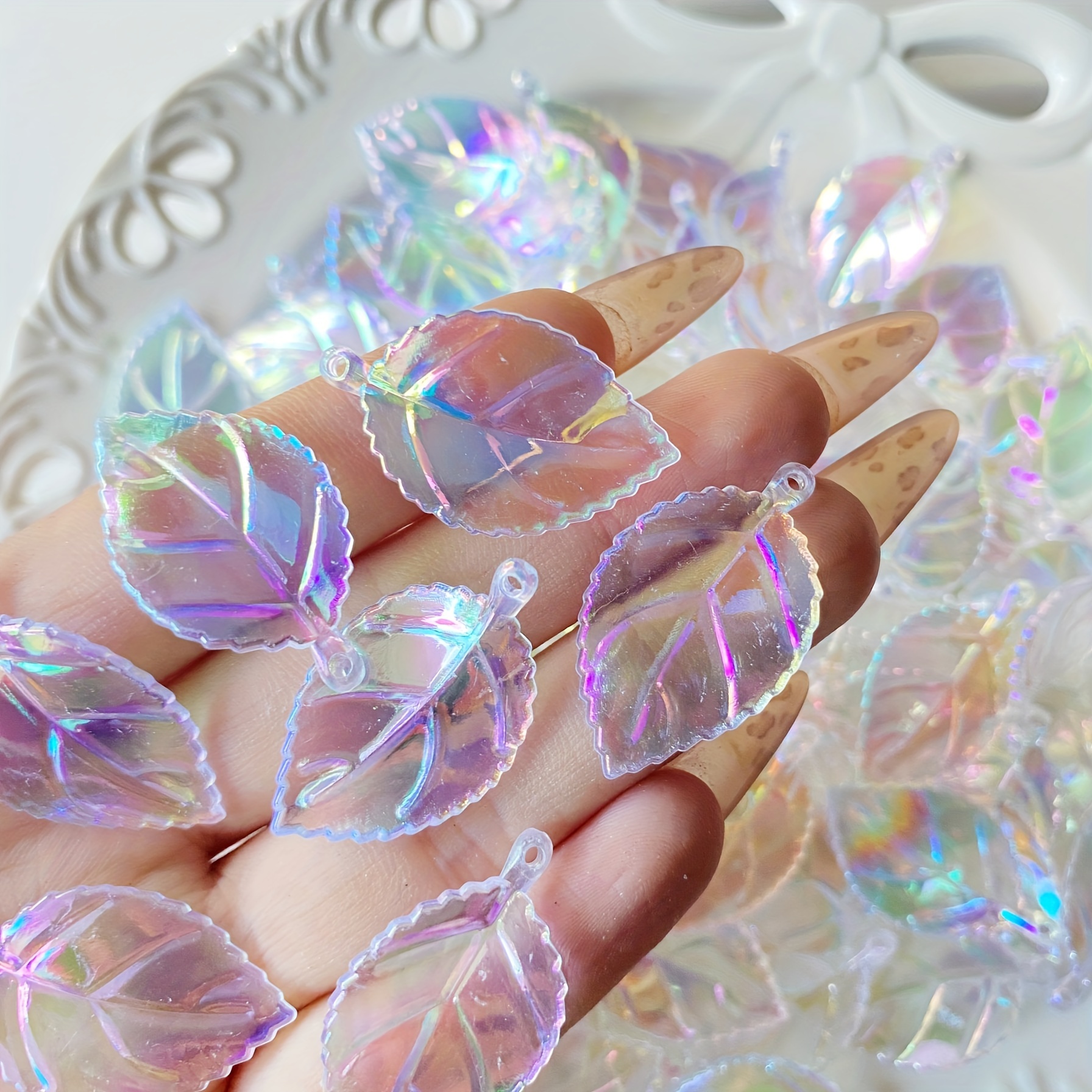 

30pcs Acrylic Iridescent Leaf Charms For Diy Hair Accessories, Pendants, And Jewelry Making