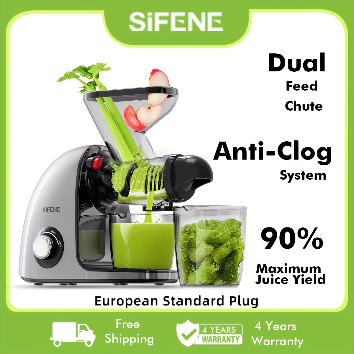 TEMU Sifene Cold Press Juicer Compatible For Fruits, Vegetables, Wheatgrass & Celery - Dual 3" Wide Mouth, Anti-clog Masticating Juice Extractor With