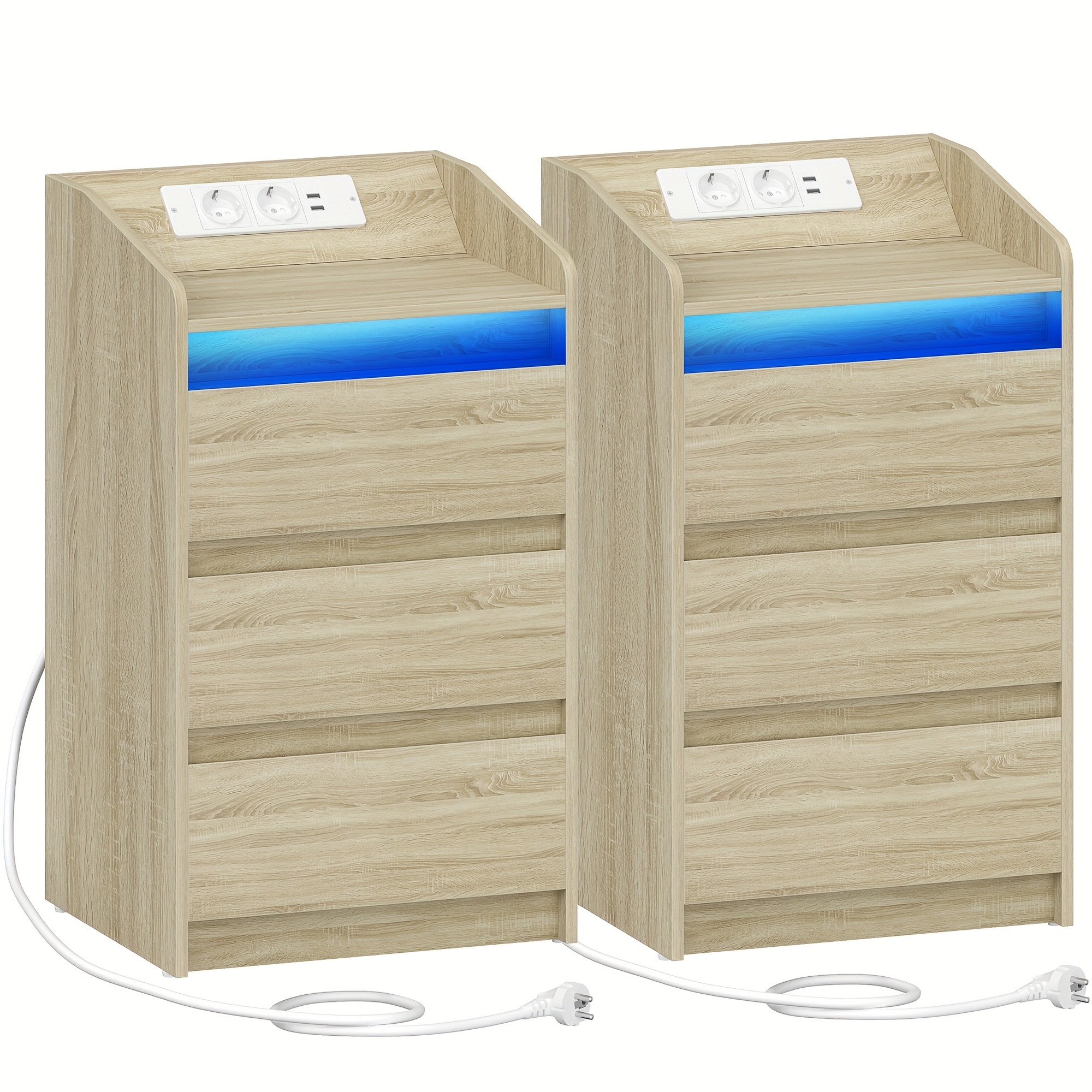 Image of Nightstand Set Of 2, End Table With 3 Drawers, Charging Station And Led, 2 Ac Outlets And 2 Usb Ports, For Bedroom, Living Room