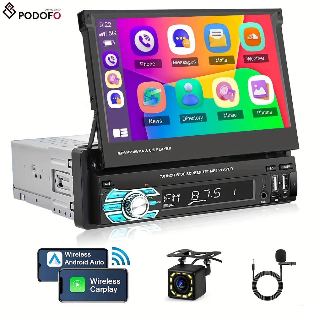 Podofo Single Din Car Stereo 7 Inch Hd Flip Out Touchscreen Car Radio With Wireless Car Player Auto, Type-c/ Usb/ Tf/ Aux, Swc, Fm, Voice Control, Backup Camera, Mic, Without Battery