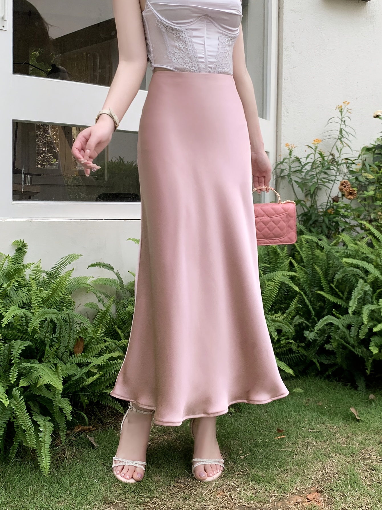 womans light pink satin fishtail maxi dress exudes - Temu Oman