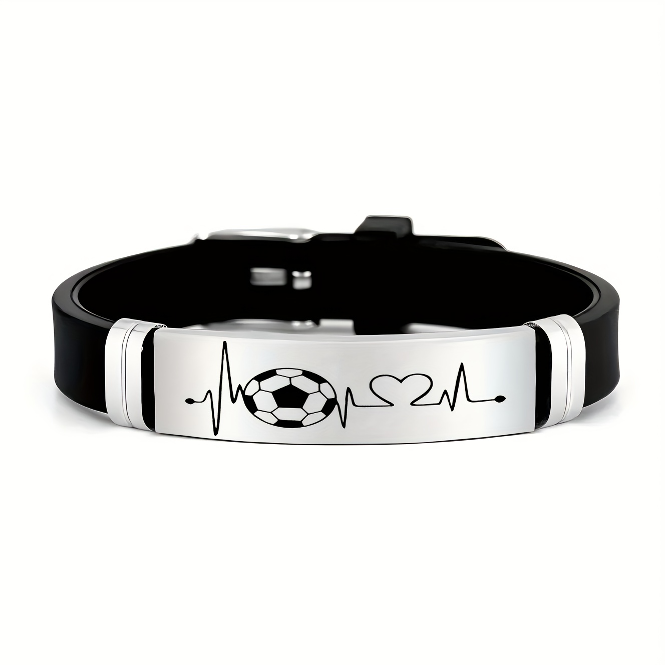 TEMU Football Heartbeat Frequency Pattern Accessory, Featuring A Soccer Ball And Heartbeat , 202 Stainless Steel Silicone Wristband, A Must-have For