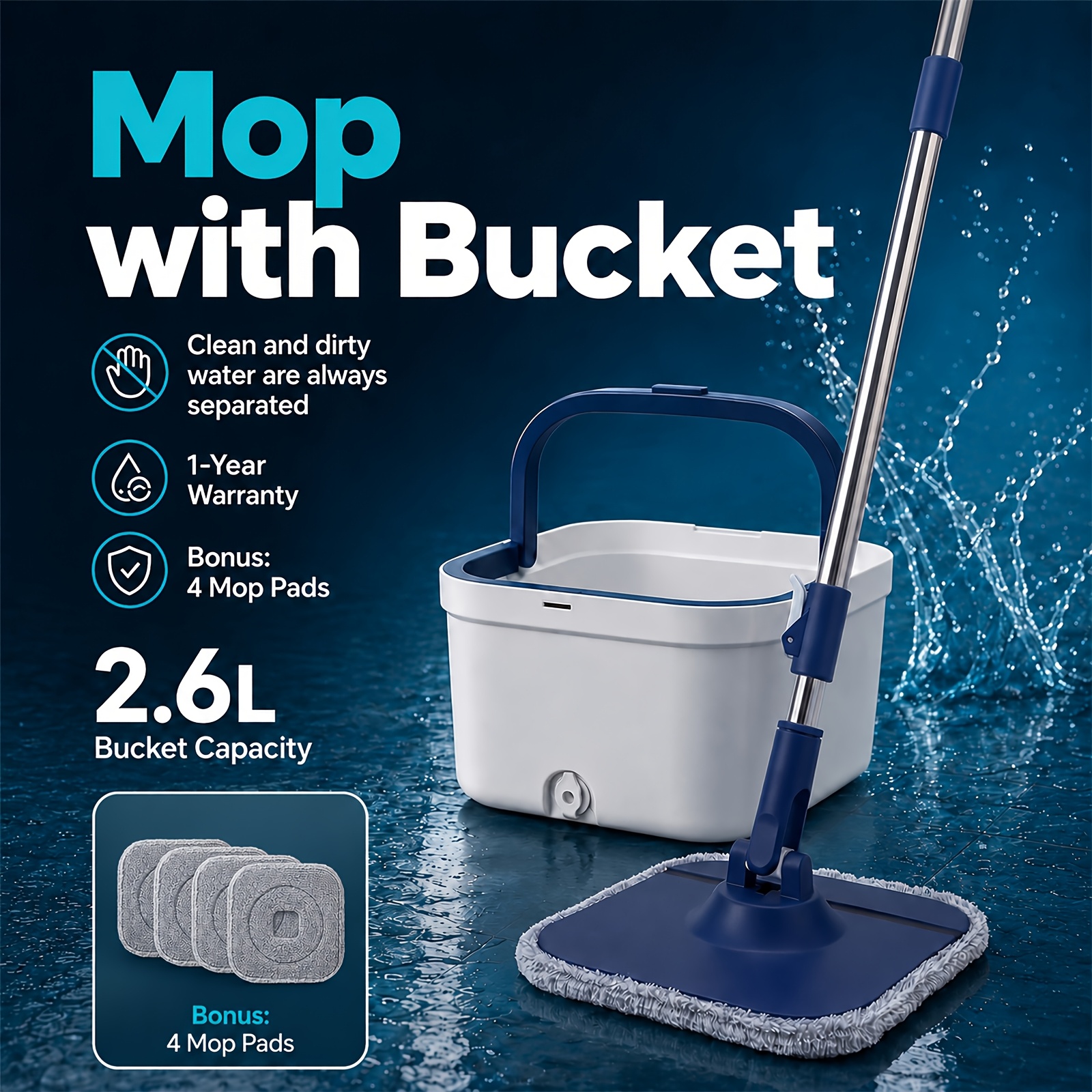 Image of Square Mop With 2.6l Bucket, Separate Clean System With 4 Washable Mop Pads, 360° Rotating Flat Mop For Wet Dry Mopping, Cleaning Set For Kitchen, Bathroom, Living Room