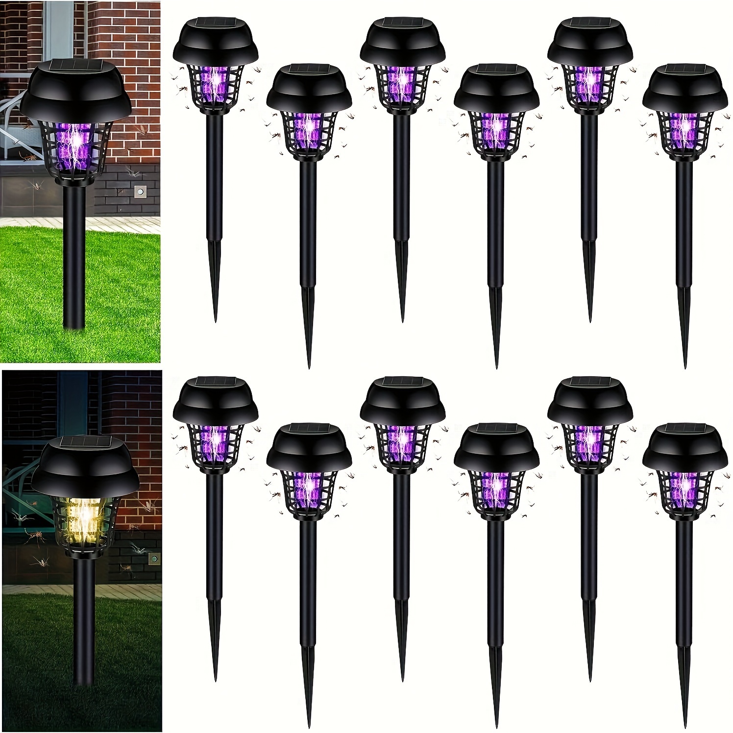 

2-pack Solar Powered Bug Zapper - Outdoor Mosquito Killer Lamp - Plastic Path Lights With Foldable Sconce, Push Button Control & Nickel Battery - Semi Flush Mount Fixture For Patio, Yard & Garden
