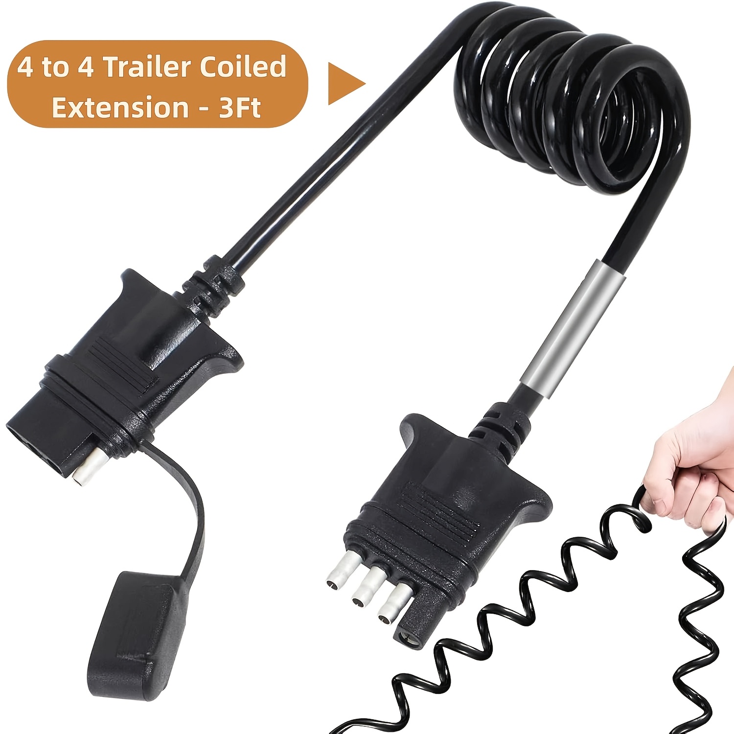 4-pin Flat Trailer Extension Coiled Cable 18awg 3 Feet/36" Male And Female Wiring Harness