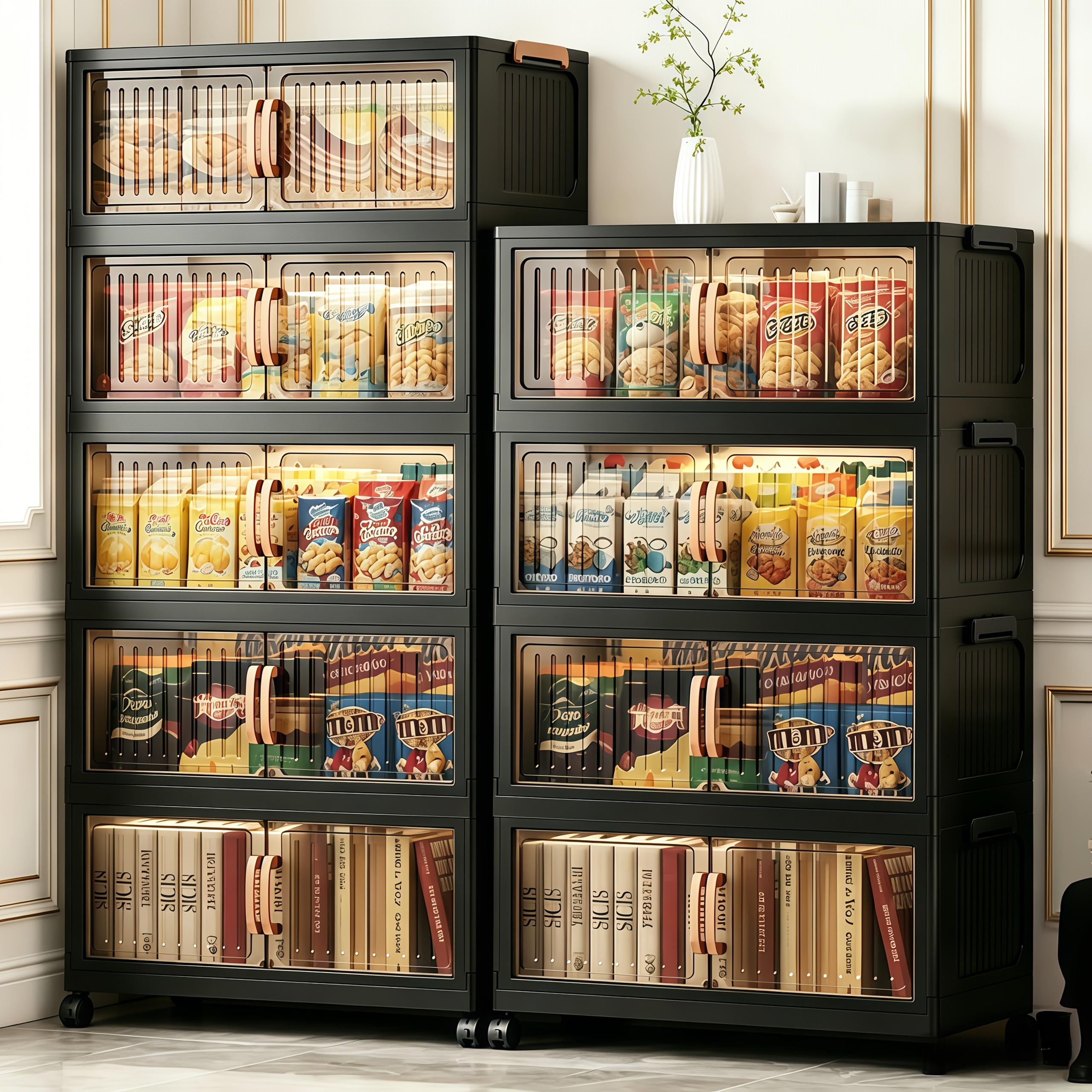 No Assembly 2/3/4/5 Tier Foldable Stackable Storage Cabinet, 44.29 Inch Large Capacity Modular Organizer Box with Lid, Rolling Wheels & Magnetic Double Door, Space Saving Portable Multi-Layer Storage Unit, Easy Setup Household Storage Container