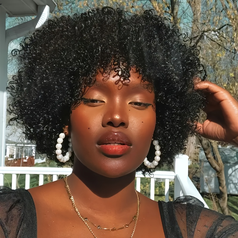 Chic Curly Pixie Cut Wig with Bangs - 180% Density 100% Human Hair, Glueless Design, Loose Curl Short Wig for Women, Rose Net Cap, Natural Look, Perfect for Everyday Style