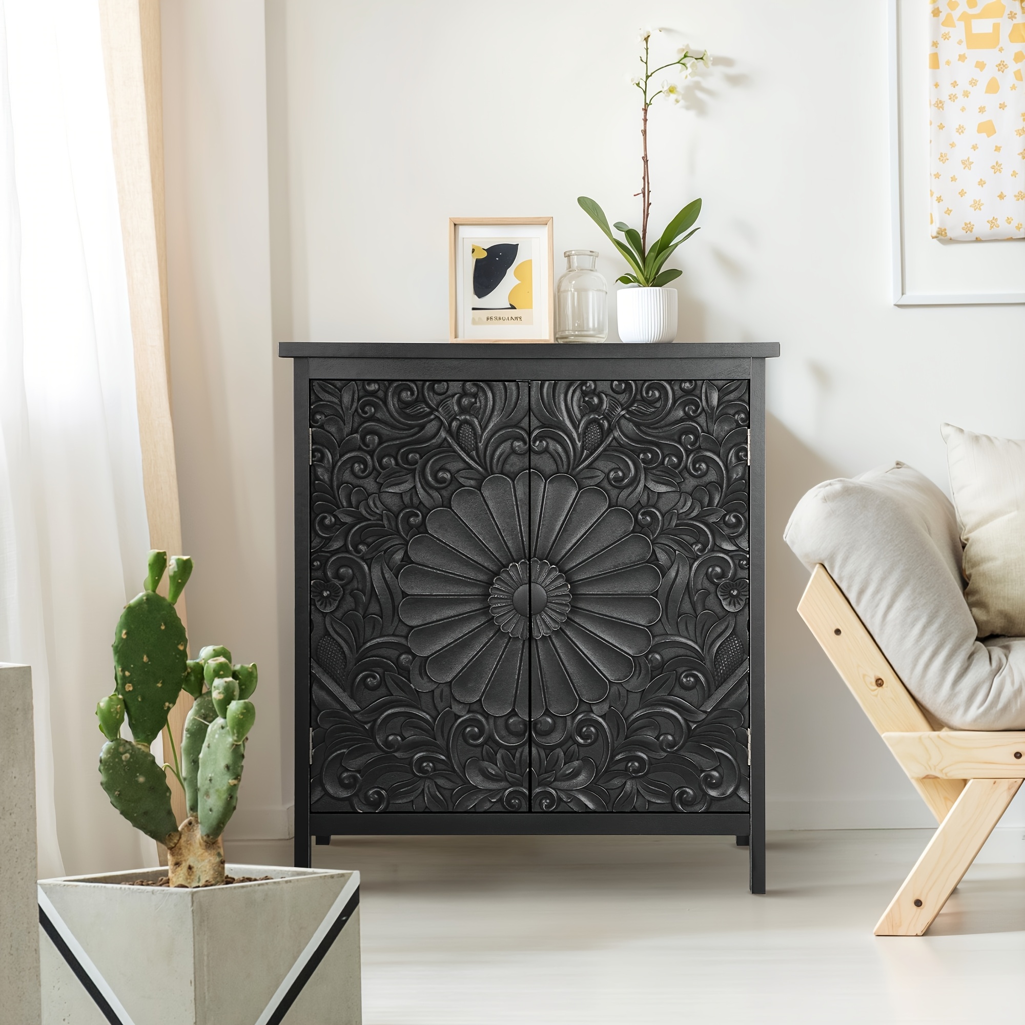 TEMU Accent Cabinet With 2 Doors, Farmhouse Decorative Storage Cabinet Vintage Entryway Cabinet Kitchen Small Sideboard Buffet Cabinet, Solid Wood Legs, Black Engraving