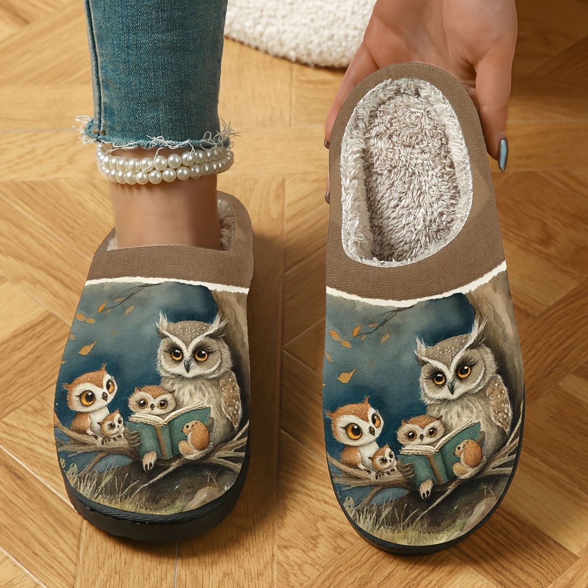 Image of Owl Print Design Ladies Casual Elegant Indoor Home Autumn And Winter Thickened Warm Slippers, Animal Print Design Cute Colorful Slippers, Women Shoes