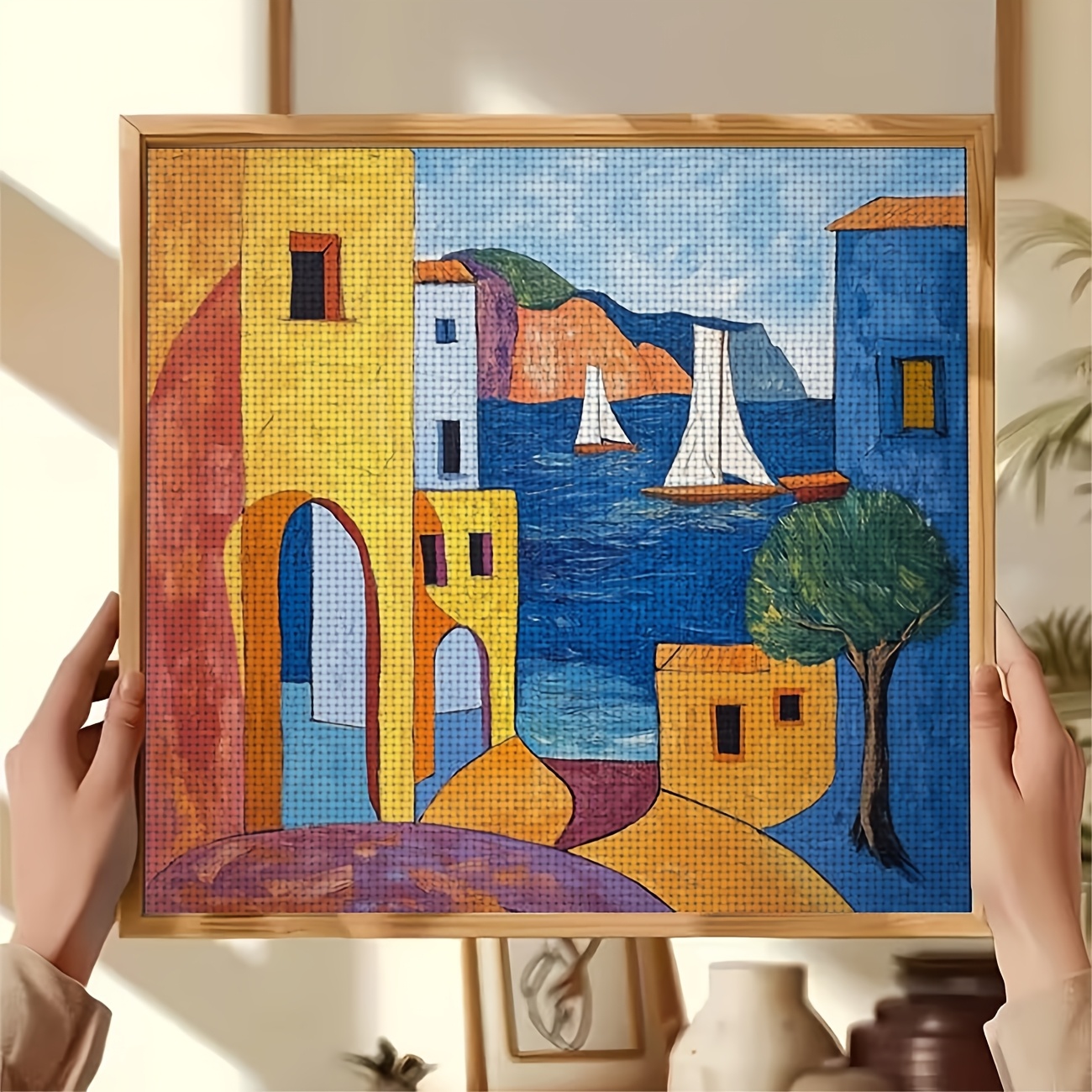 DIY Cross-Stitch Printed Kit, Unframed, "Colorful Coastal Sailboat" Design