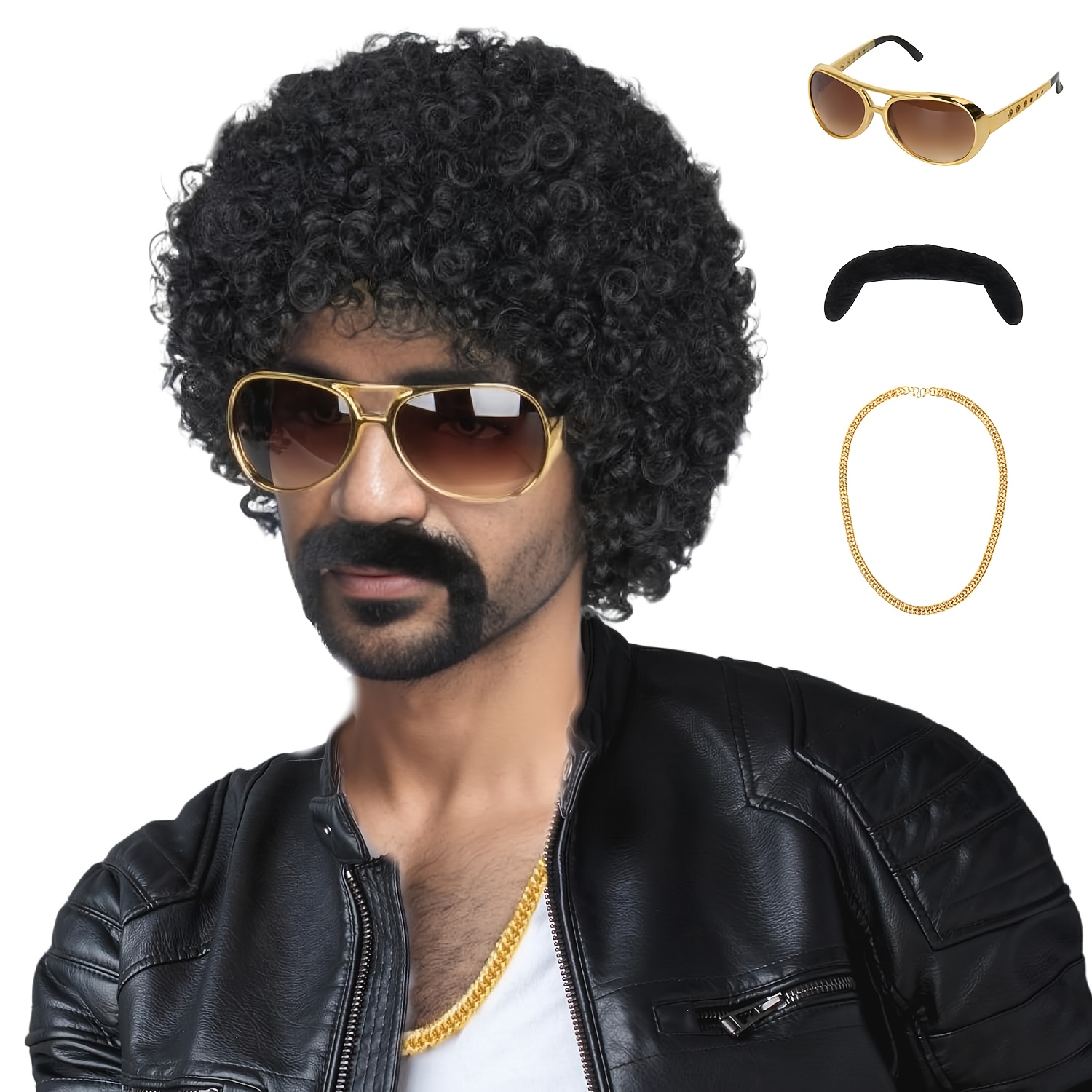 

5-piece Set: Men's 70s Style Afro Wig Short Black Curly Hair Synthetic Wig With Wig Cap, Mustache, Necklace - Perfect For Halloween, Disco Parties & Festival