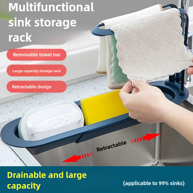 adjustable over sink dish drying rack with drainage basket multi functional kitchen sink organizer   plastic with no   for sponge soap and cloth storage details 3