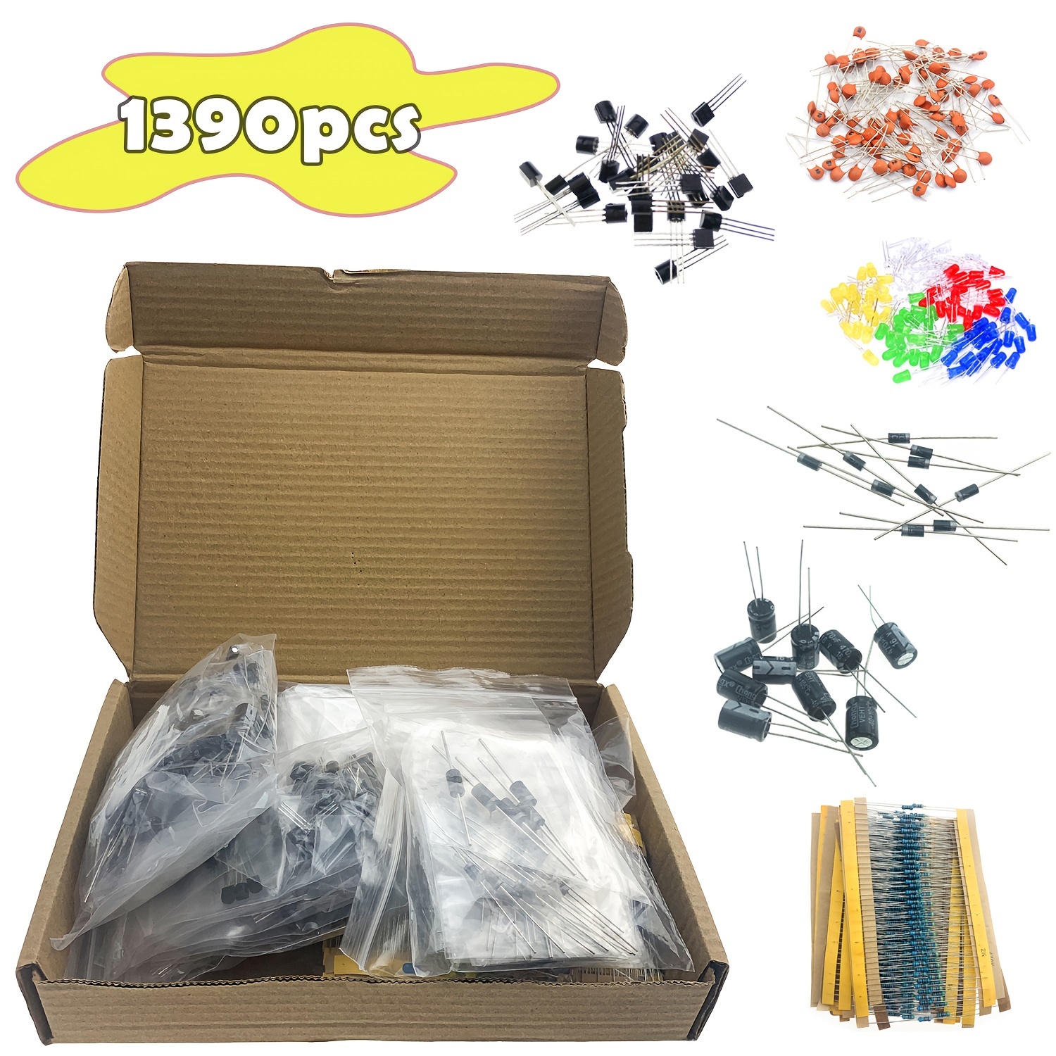 

1390pcs Electronics Kit - Metal Film Resistors, Leds, Capacitors, Transistors - Diy Electronics Set