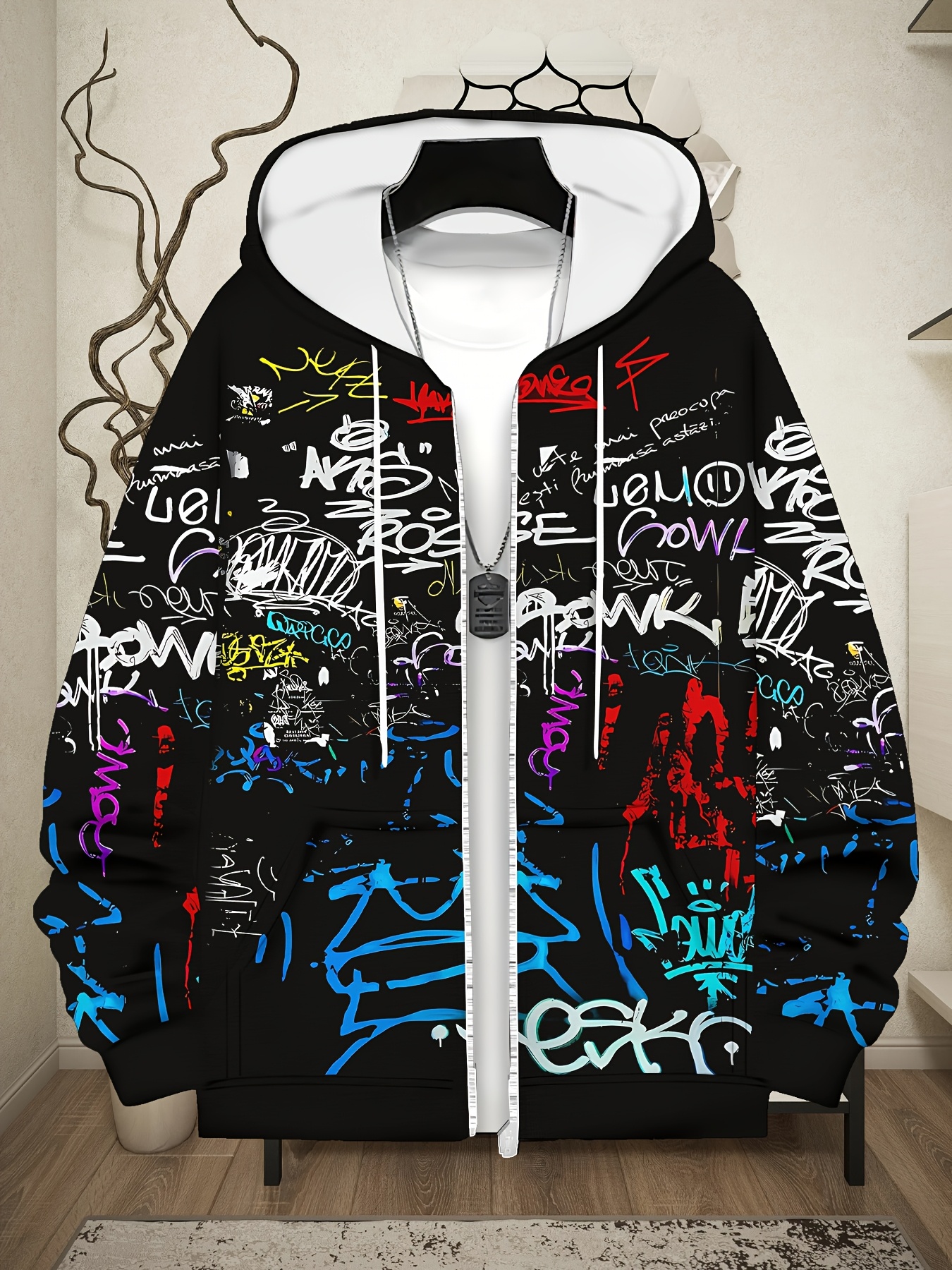 Men's long sleeved zipper cap sportswear**Professional Choice: Winter Jacket with Graffiti Print - Stylish Hooded Zip-Up Sweatshirt for Men,