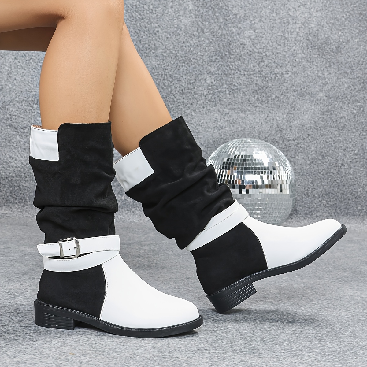Image of Coarse Heel Color Round Toe Autumn And Winter Mid Length Boots For Women, Black Pleated Pile Boots With Metal Decoration, Kick Round Toe Fashionable Boots, Women Shoes Elegant Women Shoes Shoes