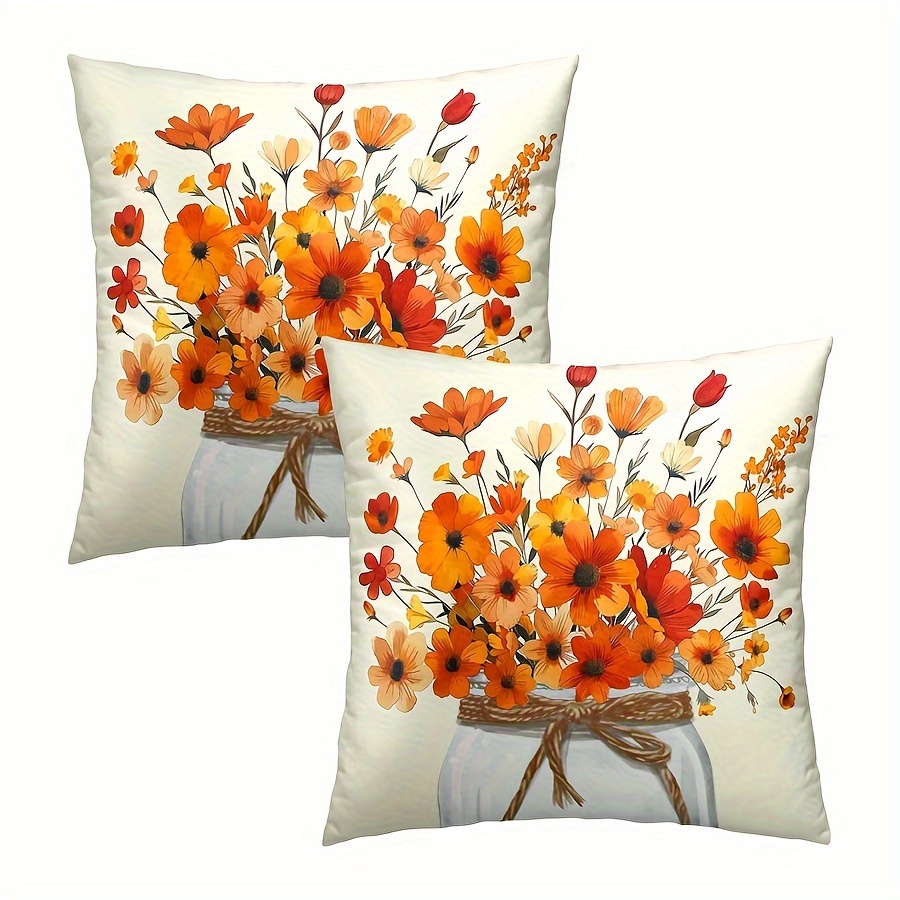 

2 Pcs Polyester Watercolor Floral Throw Pillow Covers - Orange Flowers Autumn Season Decorative Square Pillowcases For Sofa, Bedroom, Living Room - 16x16, 18x18, 20x20 (no Pillow Core)