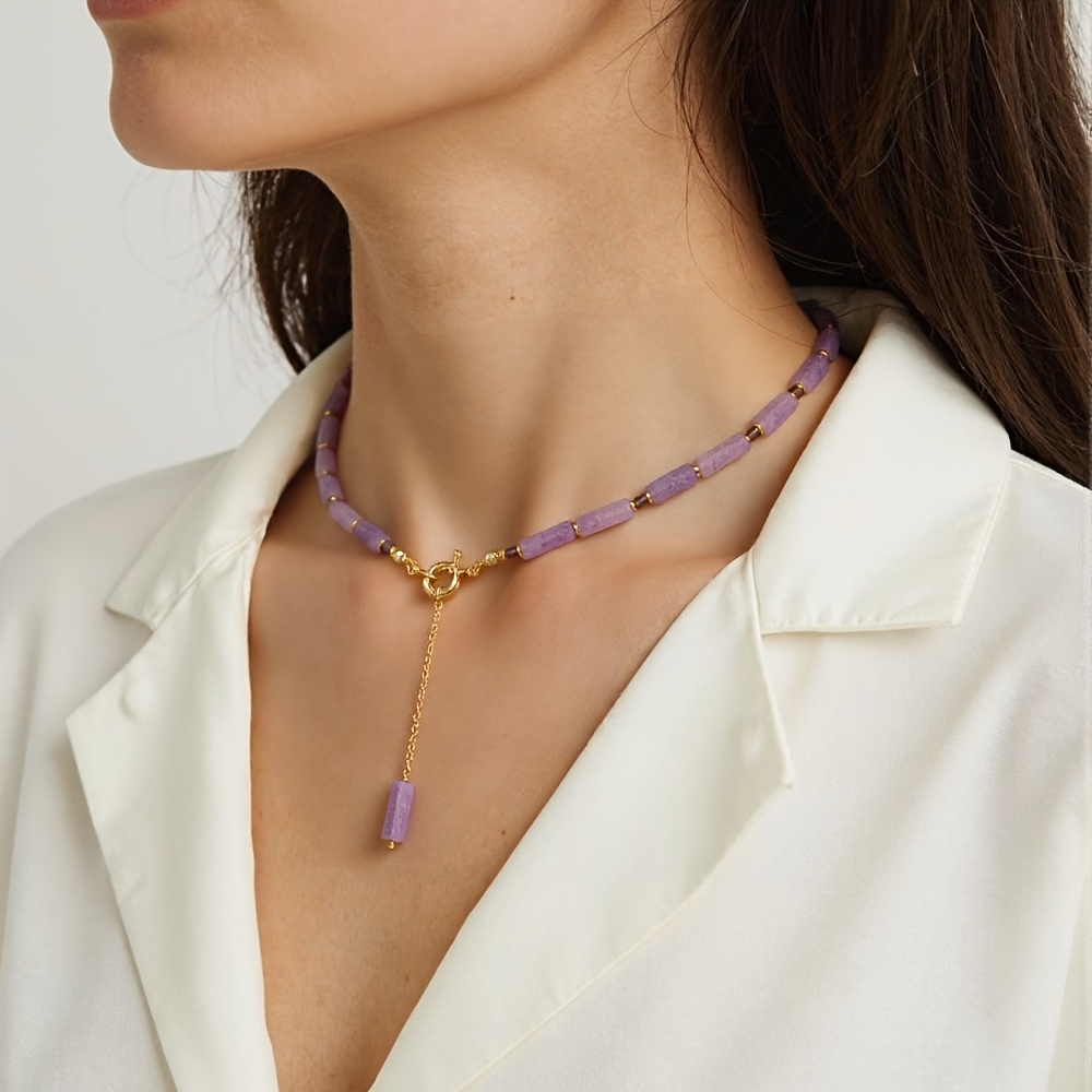 E-shop Elegante Bohemian Amethyst Quadratische Anhänger Halskette | Natürlicher | Blasslila Quadratische Perlen mit Goldener Verschluss | Stapelbarer