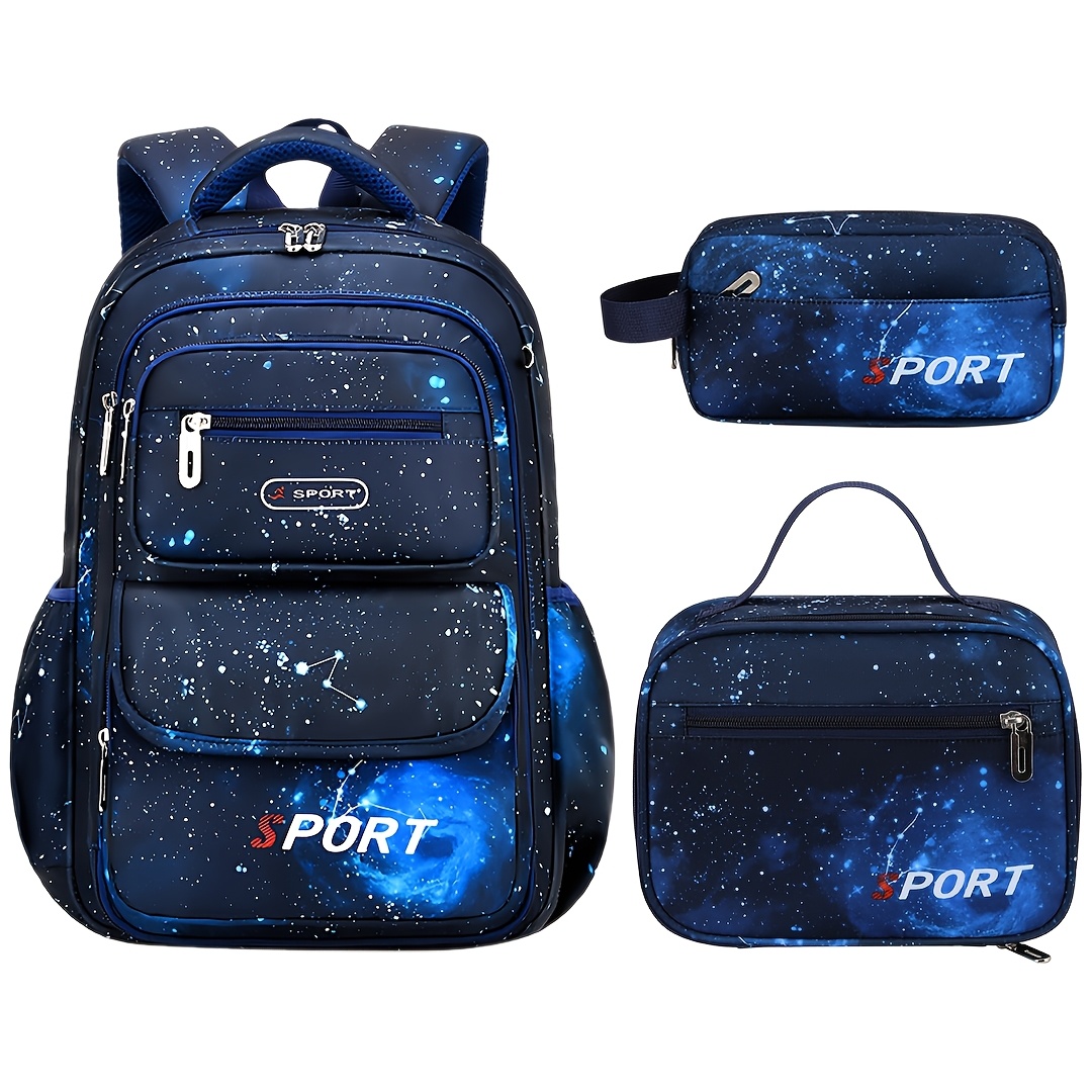 3pcs Starry Backpack Lunch Box Bag Pencil Case Set, Multifunctional Insulated Boys Schoolbag, Lightweight School Backpack, Adjustable Shoulder Straps, Birthday Gifts, Suitable For Elementary