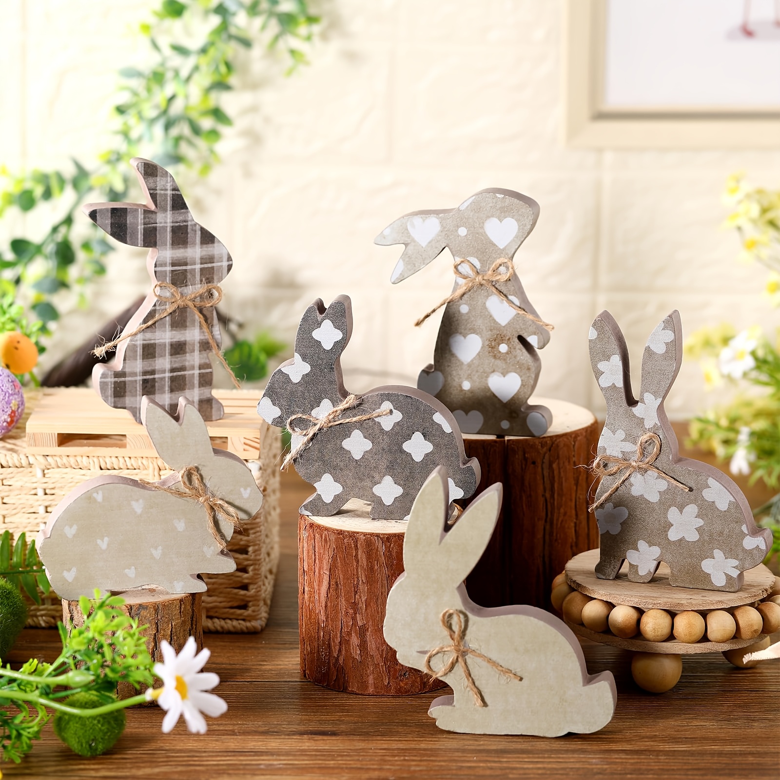 TEMU 6pcs Rustic Farmhouse Easter Bunny Tiered Tray Decorations With Multi-tier Shelf Centerpiece & Rope-tied Wooden Rabbit Sign - Spring Table