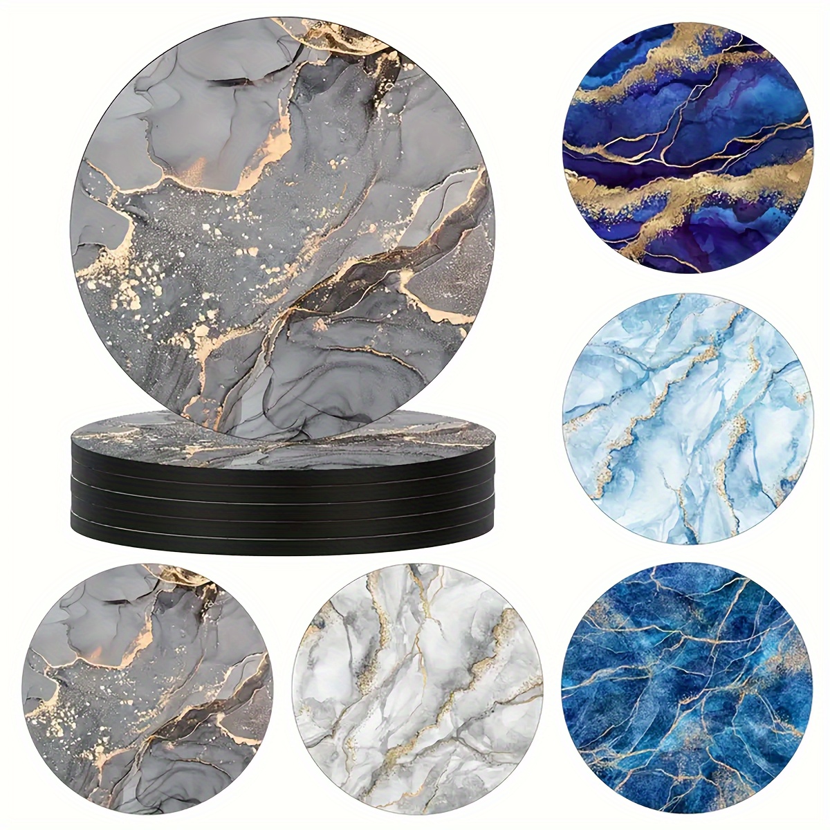 

6pcs Set Watercolor Marble Coasters - Absorbent Rubber Drink Mats With Non-slip Backing, Cups, Home & Kitchen Decor, Ideal Housewarming Gift