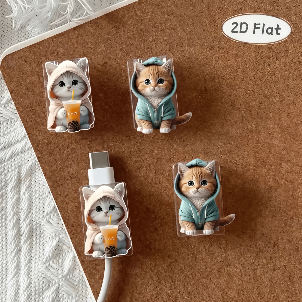 TEMU 2d Flat 4pcs Cute Hooded Sweatshirt, Cartoon Milk Tea Kitten Cable Protector, Anti-breakage, Type-c Phone Charger Cable Protector, Beautiful And