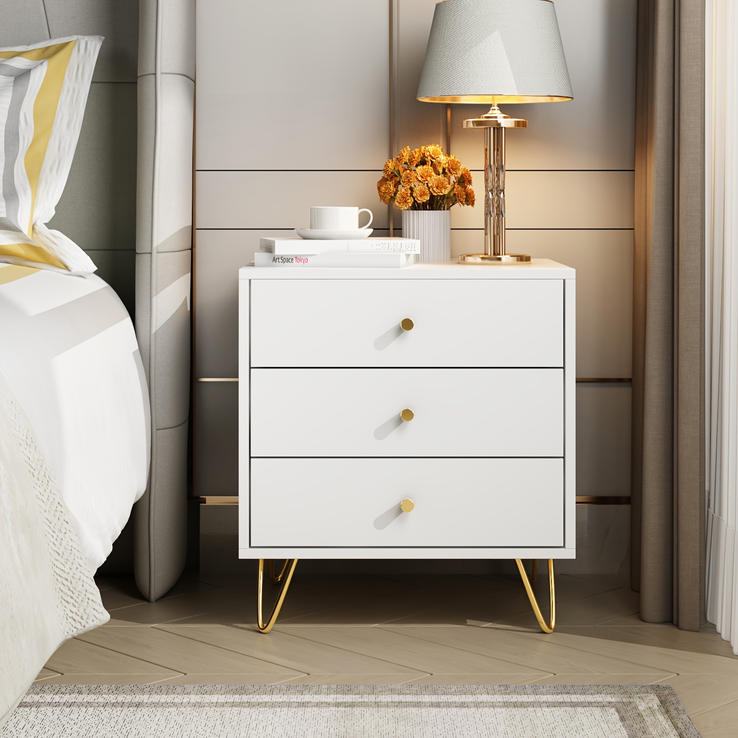 

1pc White Nightstand With Gold Accents, 2 Spacious Drawers And Open Shelves - Perfect For Modern Bedroom Decor (21.6" H X 19.7" W X 15.7" D)