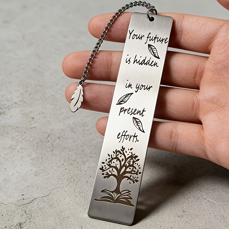 1pc of inspirational   pattern stainless steel bookmark   is hidden in your present   english lettering feather pendant student reading incentive gift