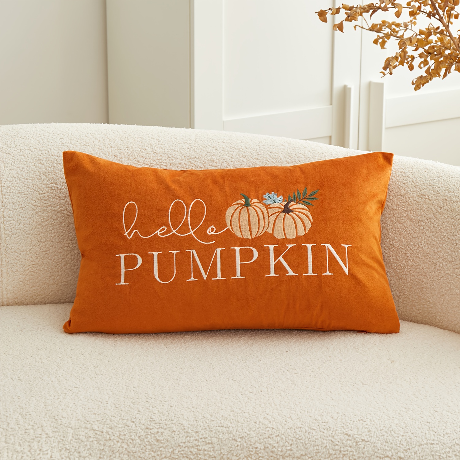TEMU 1 pc, Taie d'oreiller en velours pour Thanksgiving, Housse de coussin "Harvest Hello Pumpkin Letters", Broderie sur un , 19,6 X 11,8 pouces,