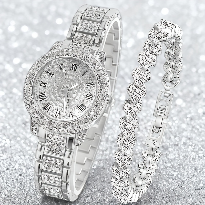 Sparkling Silver Luxury Watch & Bracelet Set Roman Steel Belt Quartz Watch 6-Pieces: Elegant Women main image 2