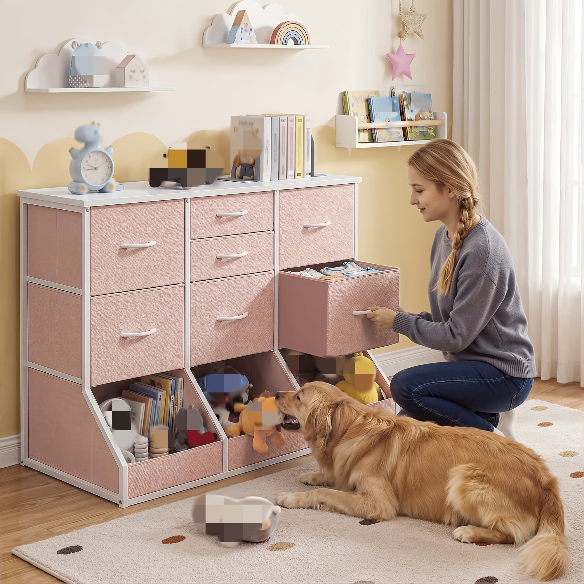 Single Bedroom with 7 Drawers And 3 Large Open Storage Combination Cabinets, Including Wardrobe Cabinets, Dressing Tables, Drawer Cabinets, Filing Cabinets, for Home/hallway/bedroom Use, White/pink/purple/black/brown