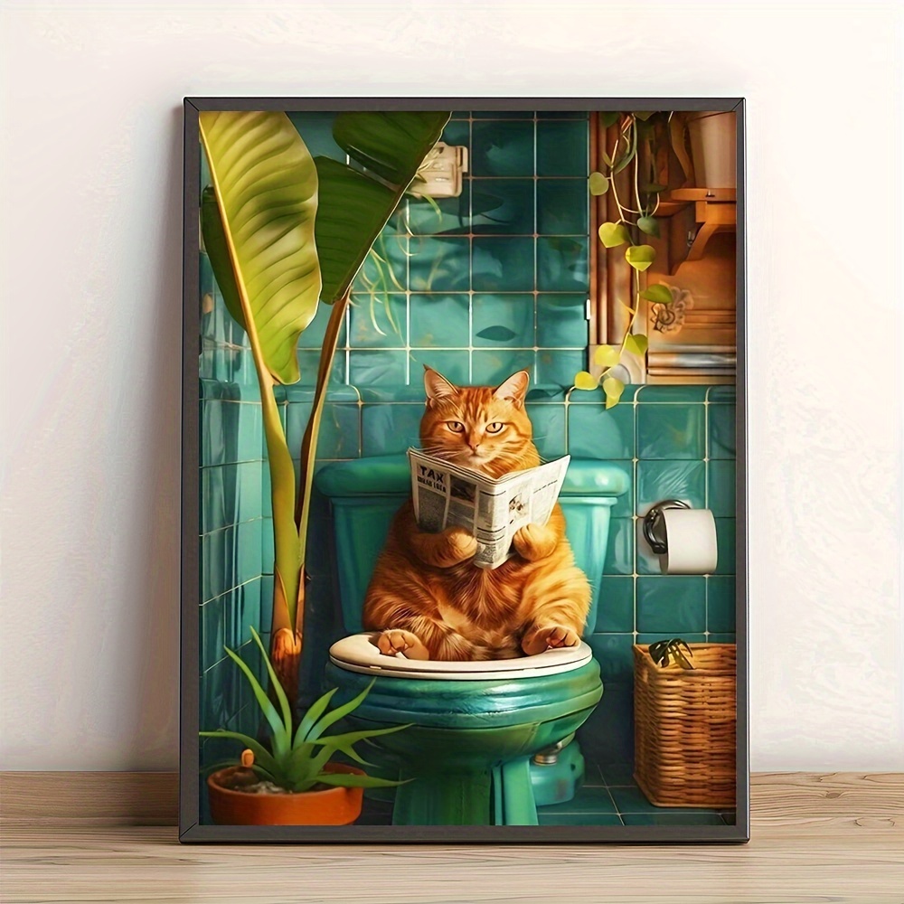 Art Mural Chat Orange Sur Les Toilettes, Affiche De Décoration De Salle De Bain Drôle, Peinture Numérique Imprimable Animal, Chat Roux Fleur Tropicale Exotique Maximaliste - France