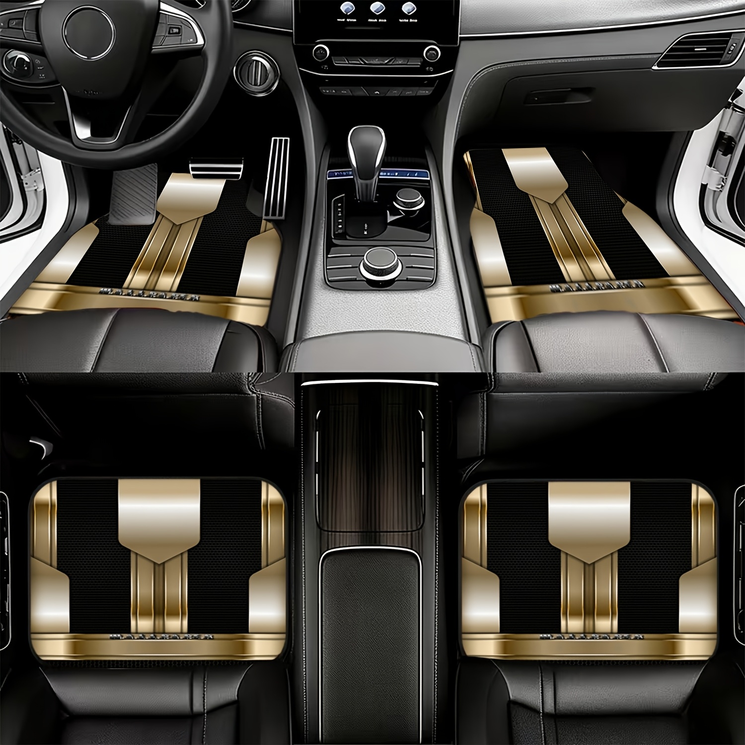 TEMU 4pcs Car Foot Mat Set, Premium Material, Luxurious Black And Golden Color Scheme, And Cleaning, Suitable For Car Interior Decoration, Aesthetic
