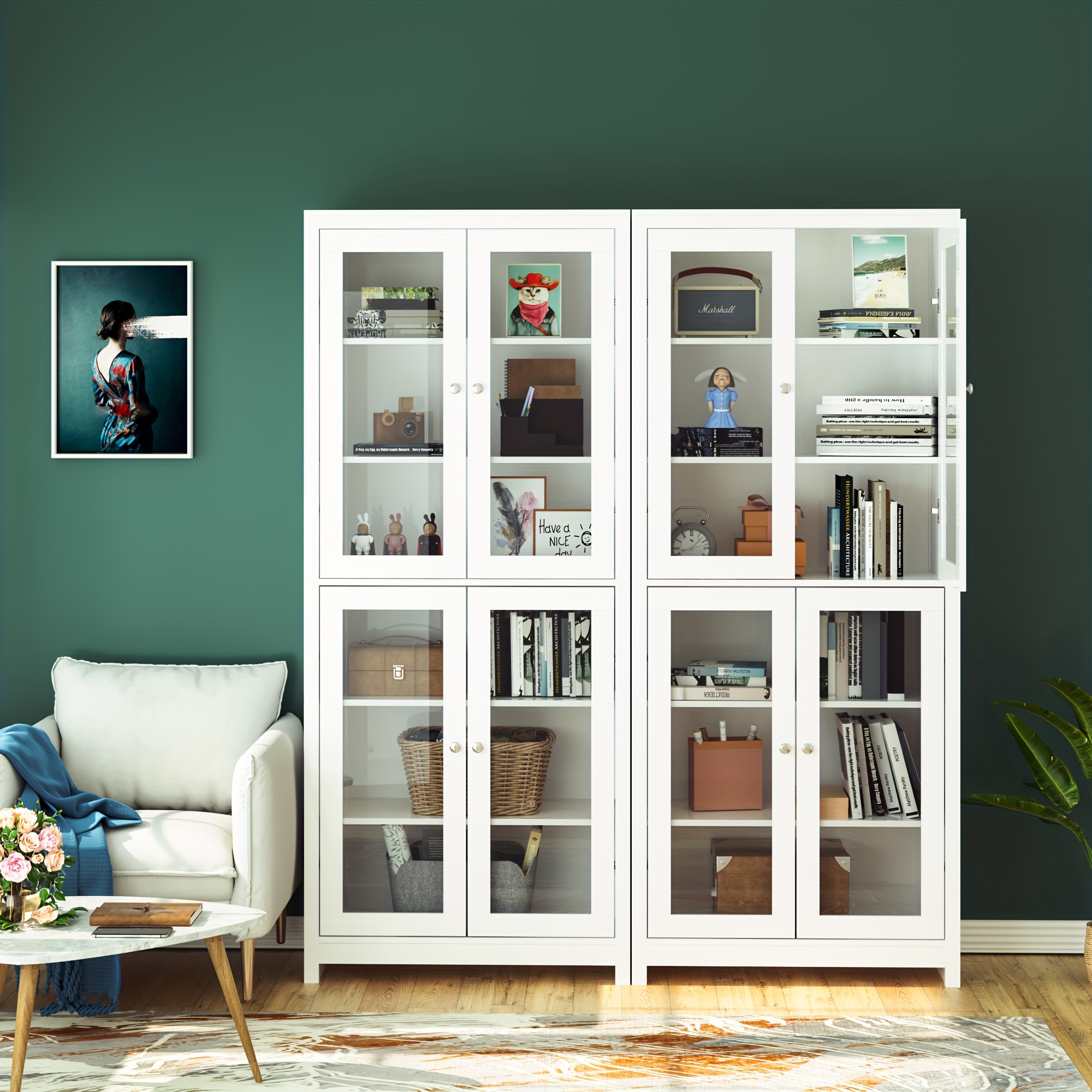 E-shop Kealive 190 cm Bücherregal aus Holz, freistehendes Aufbewahrungsregal mit 4 Glastüren, Abmessungen 80 x 33 x 190 cm