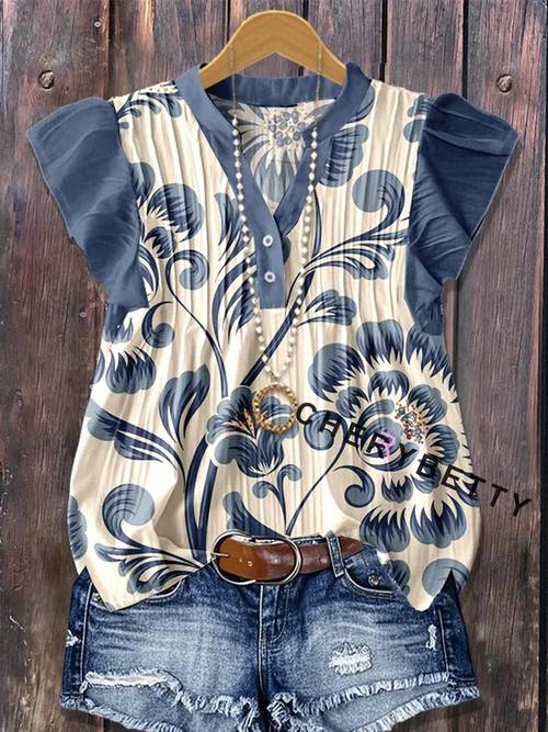 womens bohemian floral print v neck top western vintage blue paisley flutter sleeve blouse tops women high quality old money hippie clothes designer style summer tops for women