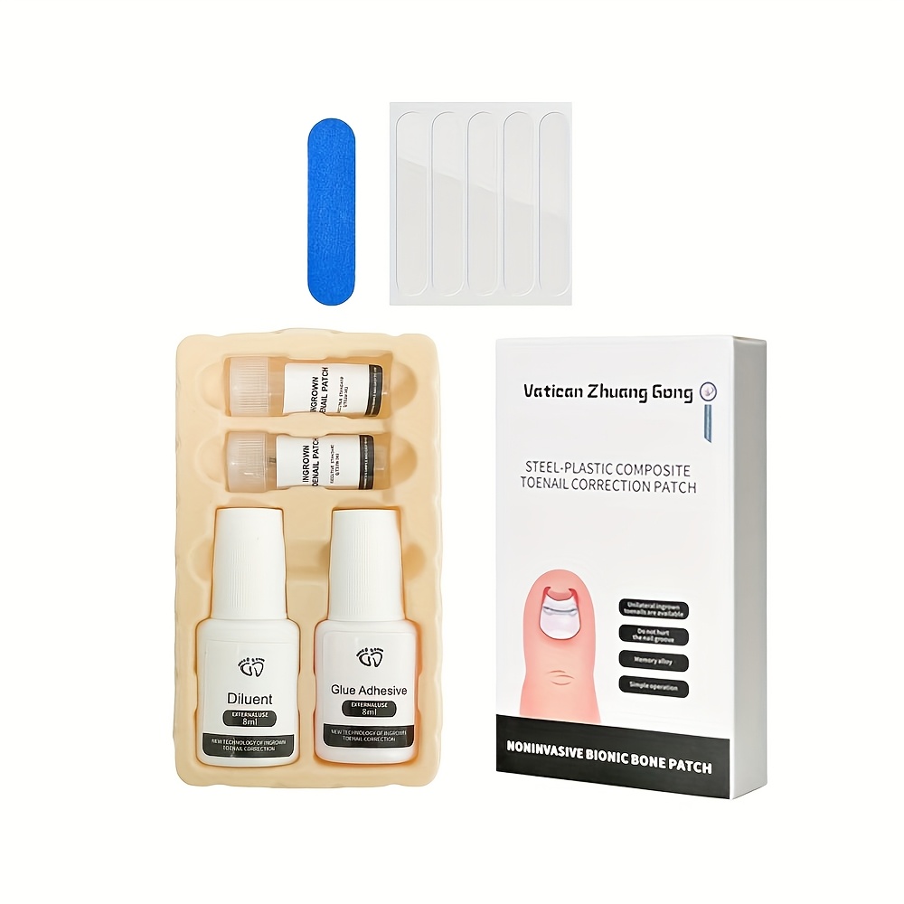 Stainless Steel Ingrown Toenail Set, Package Includes 5pcs Metal Patch, 5pcs Of Auxiliary Stickers, 1pc Adhesive & 1pc Dispergator, 1pc Nail Polishing Strips - Ingrown Toenail Tools