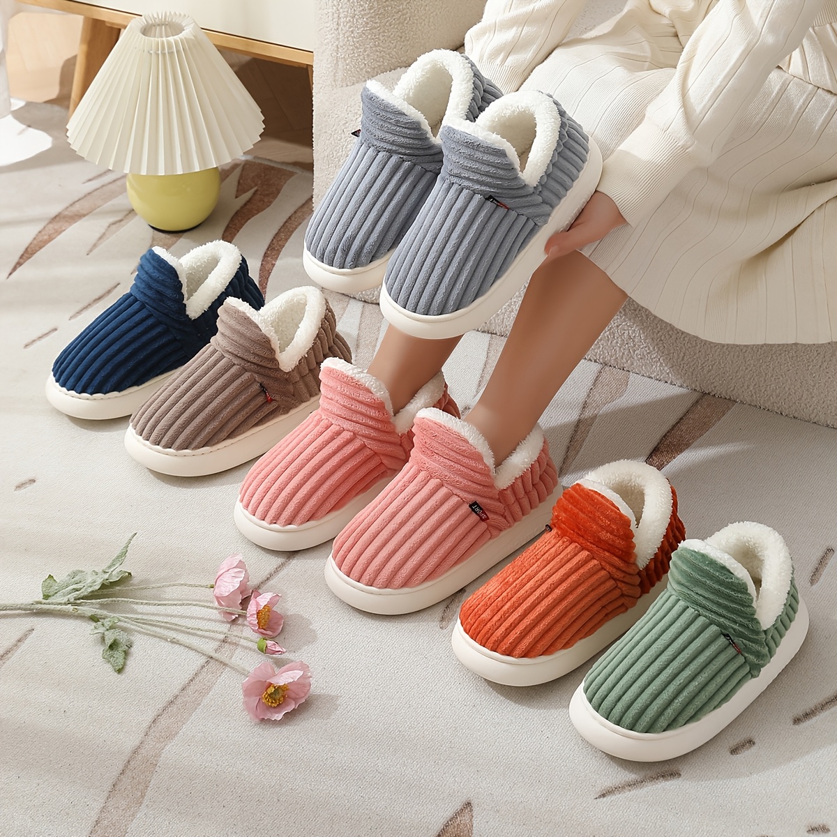 

Cozy Winter Plush-lined Slippers For Women - Sole, Non-slip, Warm Indoor Home Shoes In Assorted Colors With Ribbed Cuffs, House Slippers