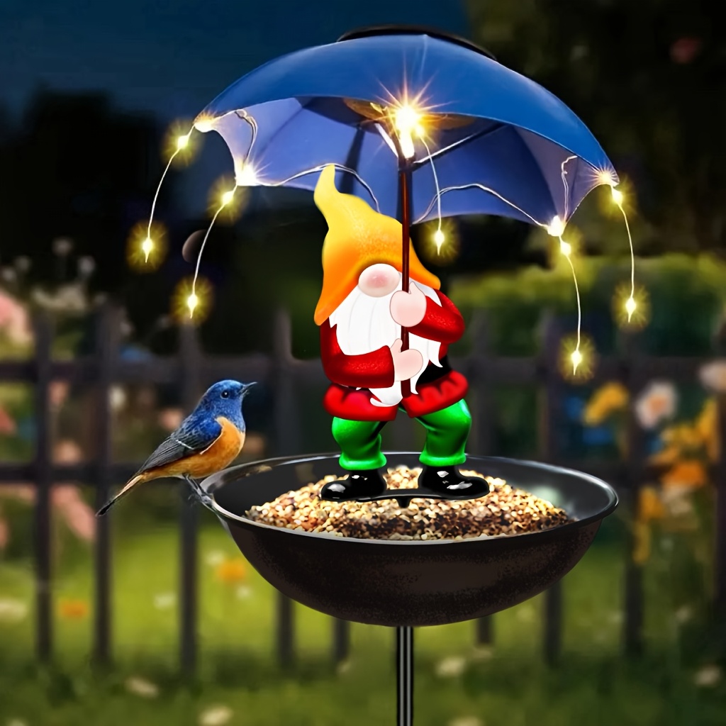 TEMU New Outdoor Solar Powered Courtyard Goblin Dwarf Bird Feeder, Ip65, Bright At Night, Bright Dwarf Shape With Flashing Solar String Lights, Used