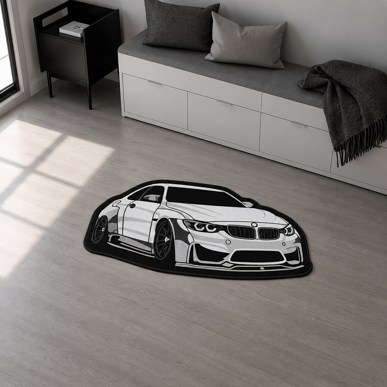 TEMU 1pc Cool Black And White Car Carpet Indoor Carpet Bedroom Carpet Living Room Carpet Bedside Carpet Door Mat, Gift For Car Owners, Easy
